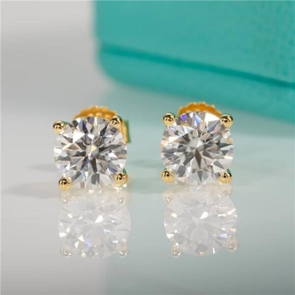 Jewelry - CERTIFIED 18K Yellow Gold 2.0ct Diamond Round Cut Stud Earrings Moissanite 925